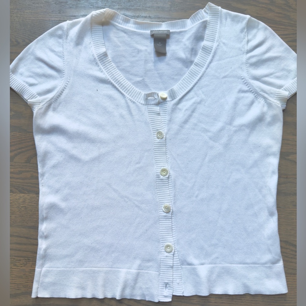 Ann Taylor White Short Sleeve Cardigan